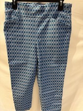 Chico's Perfect Stretch Capri Pants Blue/White/Teal Geometric Pockets/ Size 1