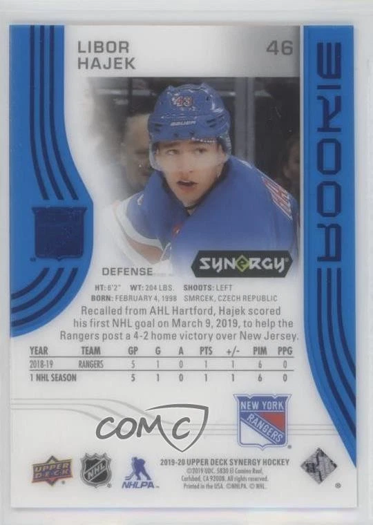 2019-20 Upper Deck Synergy Rookies Blue 454/799 Libor Hajek #46 Rookie RC - Image 2 of 3