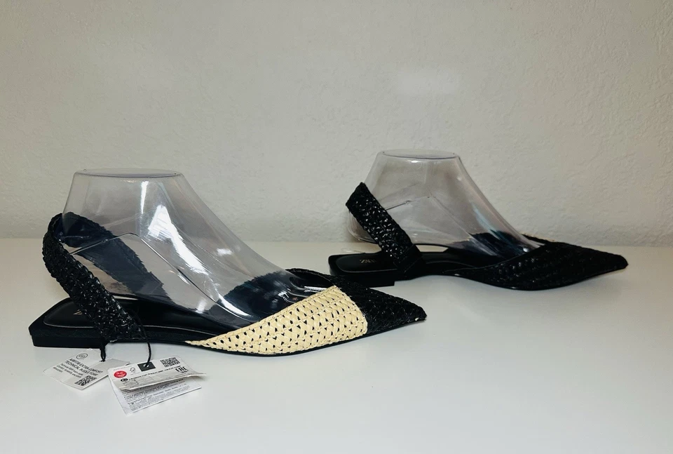 Sandalia plana ZARA tejida rafia punta negra tostada con tira trasera para mujer EE. UU. 7,5 NUEVA Foto 4 de 4