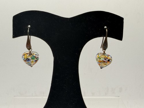 Italian Multicolored Murano Glass Heart Drop Earrings  Sterling