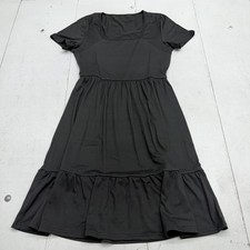 Square Neck Fit & Flare Dress Womens M Black Short Sleeve Ruffle Hem Knee Length