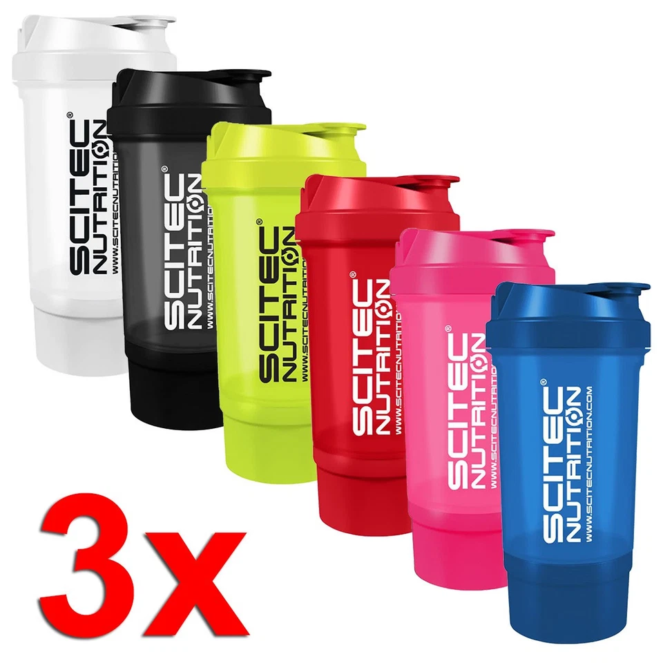 3x Scitec Nutrition Traveller Shaker 500 ml mit Pulverbehälter Farbe wählbar