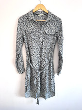 BHS Authentic Sheer Shirt Dres Grey Bird Print Collared Size 12 Belted 087