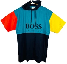 Vintage Hugo Boss America Hoodie Shirt Men Sz Large Colorblock Crewneck Spellout