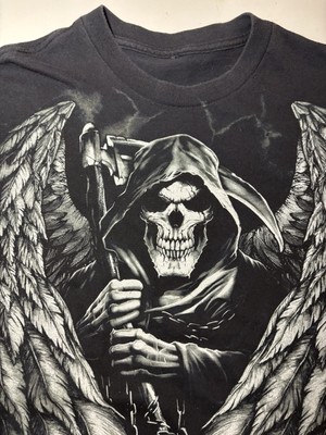 Y2K Vtg Grim Reaper Skull Shirt Mens XL Cyber Goth Tattoo Wings Art Grunge 2000s