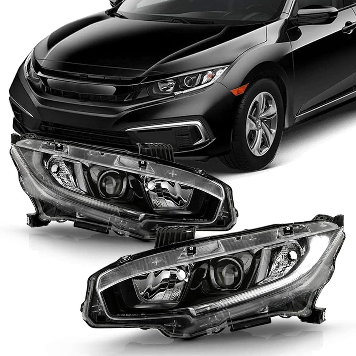 Black Housing Headlight Assembly w/LED DRL Compatible with 2016-2021 Honda Civic