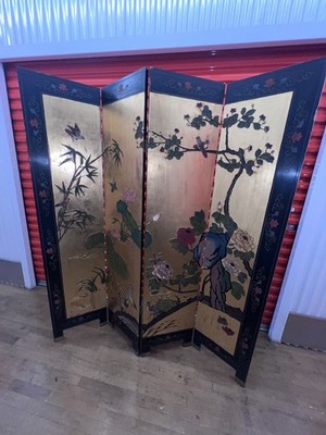 Oriental Asian Four Panel Screen Gold Chinoiserie Coromandel Room Divider Geese