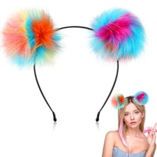 Neon Pom Pom Headband Rainbow Headband Fluffy Ball Bear Ears Headbands Colorful