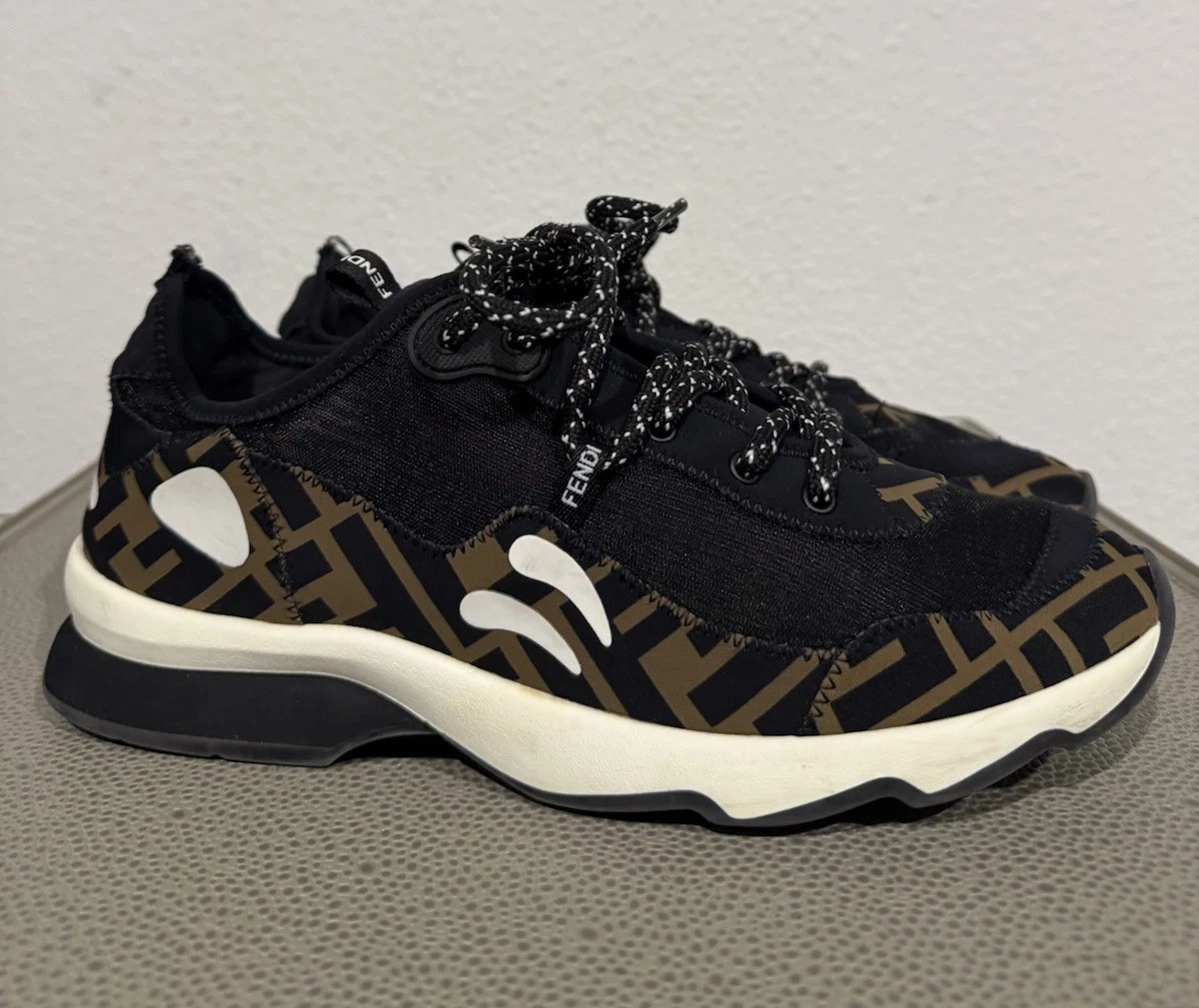 Scarpe Sneakers FENDI Nero Tabacco Maglia Tecnica Lycra Libertà Patchwork 39