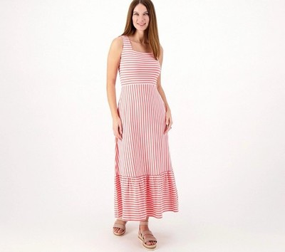 Lands' End Women's Medium Maxi Dress Square Neck Tiered Pink Stripe A574156