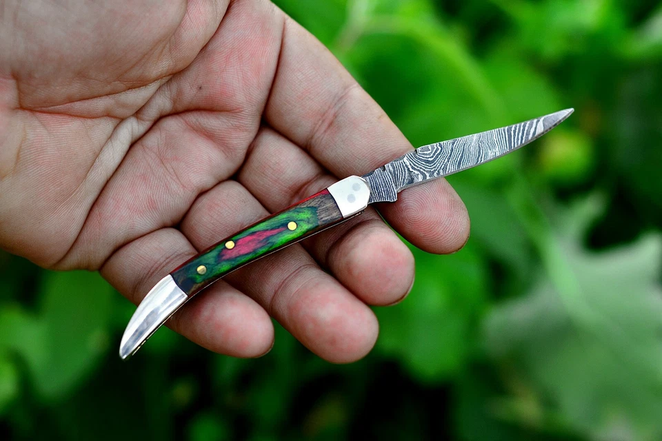 Cuchillo de Bolsillo Plegable Texas Palillo de Dientes Hecho a Mano Acero Damasco "Multi Mango de Madera" Foto 2 de 4