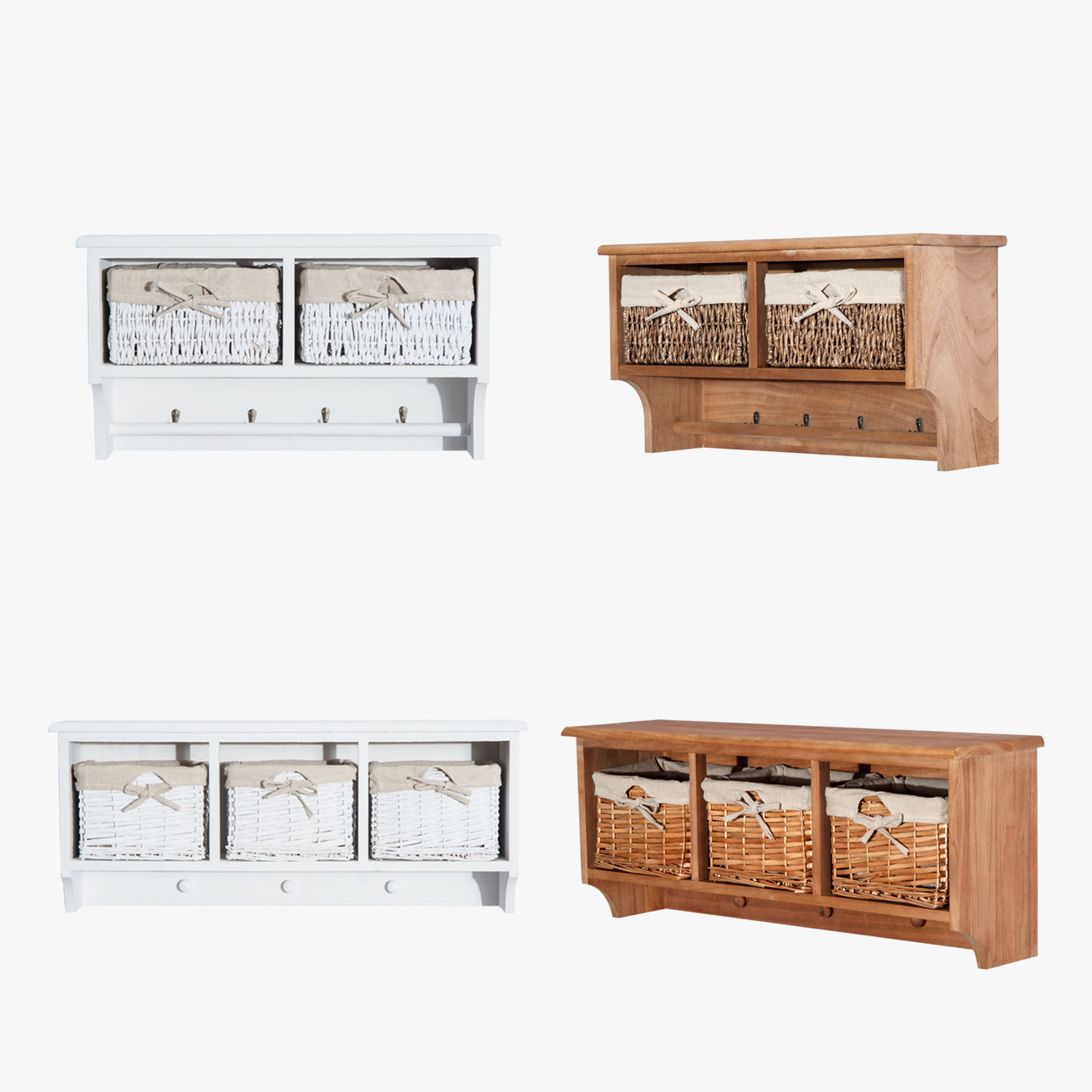 Wall Mounted Coat Hook Storage Unit 2 / 3 Baskets Organiser Shelf