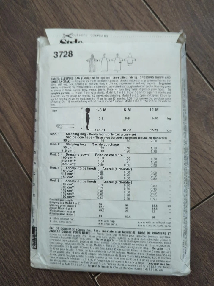 Vintage 1980s Style 3728 Baby Sleeping Bag Dressing Gown Anorak Sewing Pattern - Image 3 of 3