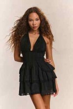 LoveShackFancy Deanna Heritage Halter Mini Dress L Halter Black Cotton NWD 42237