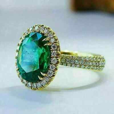 Lab Created Emerald 3Ct Oval Halo Engagement Wedding Ring 14K Yellow Gold Plated