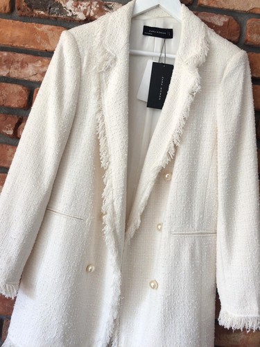 A453 ZARA JACKET FRAYED WITH PEARLS CREAM WHITE BUTTONS TWEED COAT BLAZER - XS - Bild 10 von 12