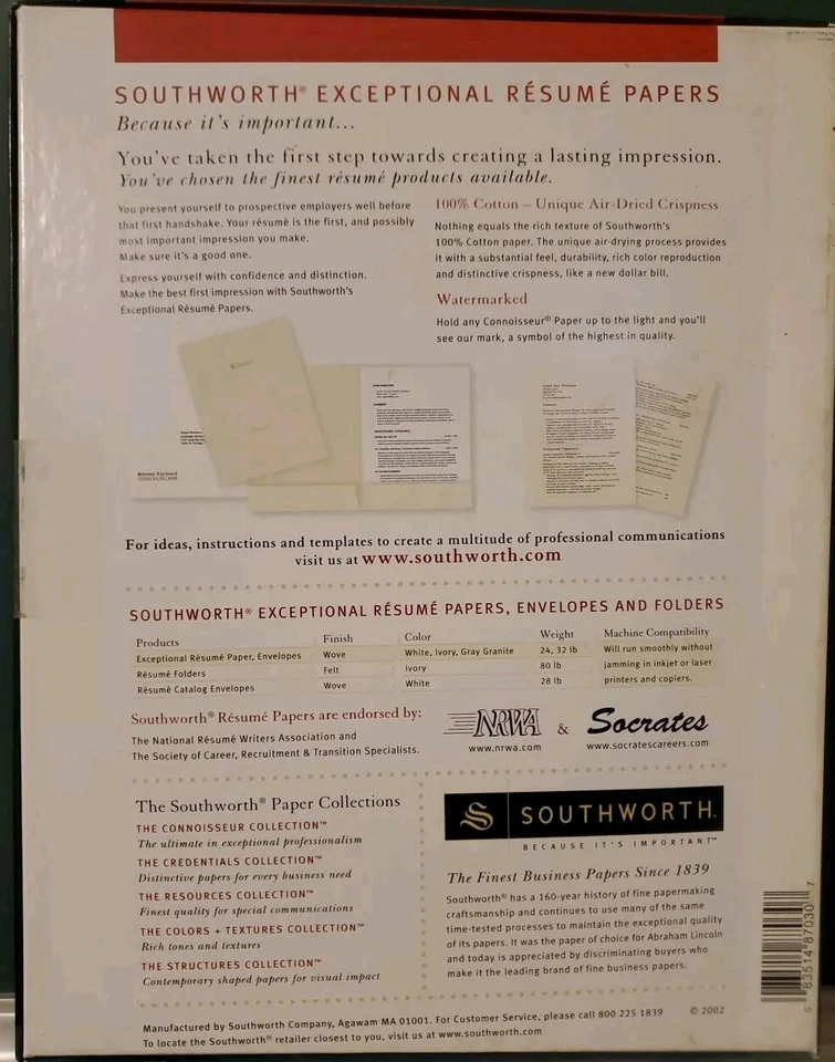 Southworth Connoisseur Collection Exceptional Resume Ivory Paper 100% cotton - Image 2 of 4