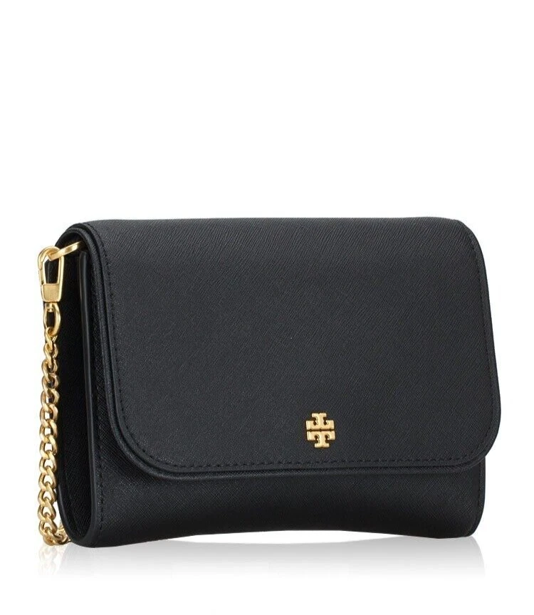 TORY BURCH EMERSON BLACK SAFFIANO LEATHER GOLD CHAIN SHOULDER  