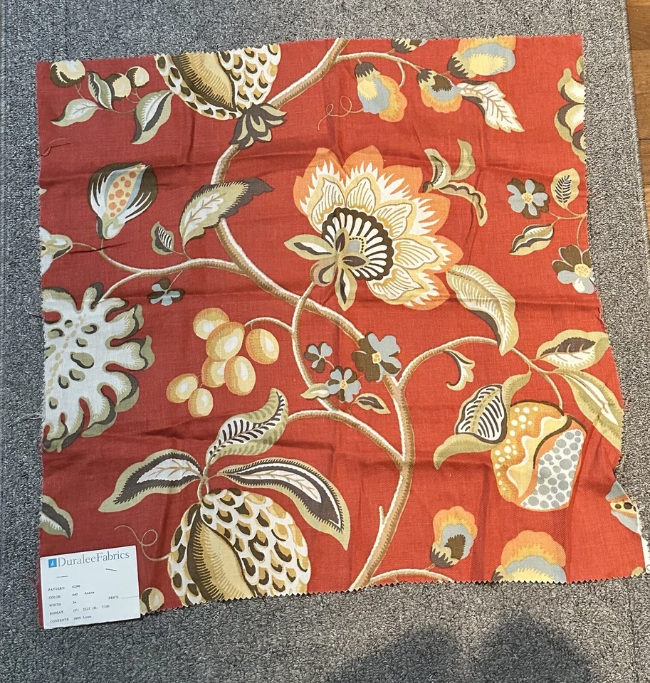 Lot of 2 Duralee Fabric Samples Remnants Azalea Floral Linen **Different Sizes - Image 2 of 4
