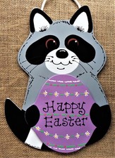 HAPPY EASTER RACCOON Door Decor SIGN Wall Art Hanger Plaque Seasonal Spring
