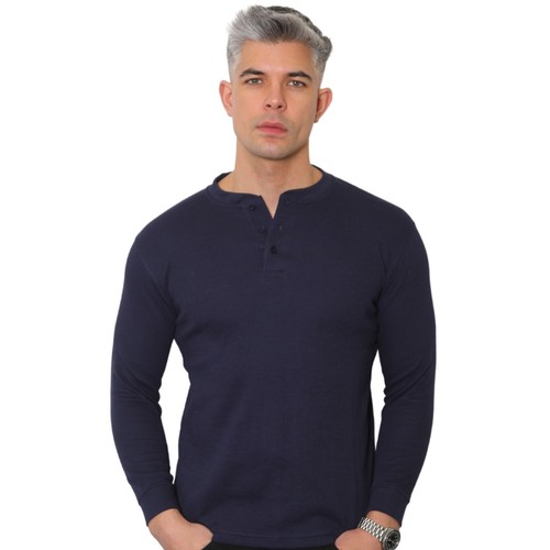 Mens Henley Long Sleeve Thermal T-Shirt Top Grandad Neck waffle net top (2208-A) - Picture 19 of 24