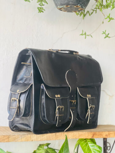 Eco Friendlyu Goat Leather Messenger Satchel Black motorcycle bag Surprise Gift - Picture 5 of 7