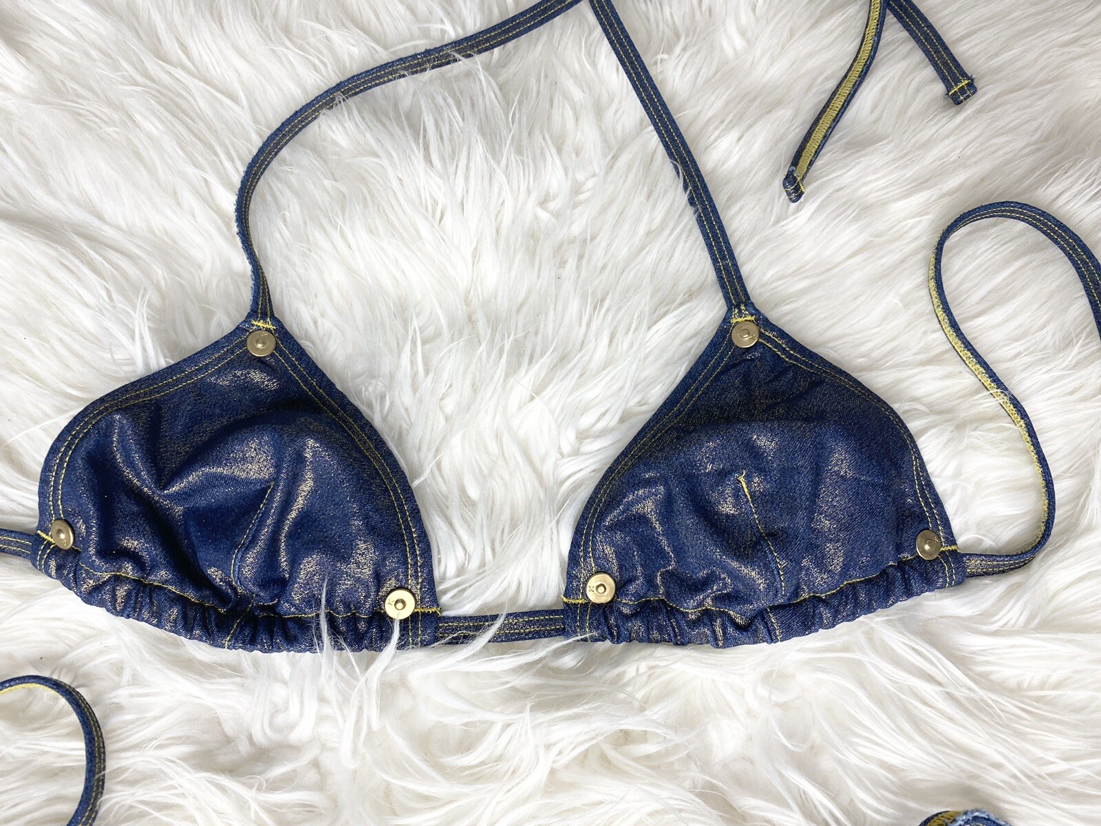 Y2K Express Swimwear Faux Blue Jean Denim Gold Shimme… Gem