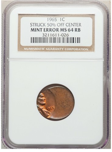 ER002 1965 Lincoln Cent -Struck 50% Off Center NGC MS64 Red and Brown.Mint Error