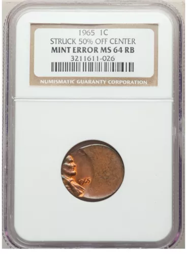 ER002 1965 Lincoln Cent -Struck 50% Off Center NGC MS64 Red and Brown.Mint Error