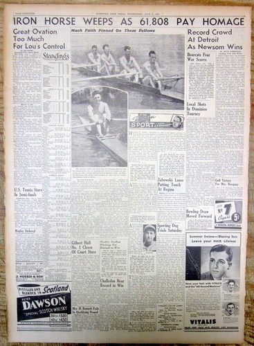 1939 hdline newspaper LOU GEHRIG "Luckiest man on the face of the earth" speech - 第 2/8 張圖片