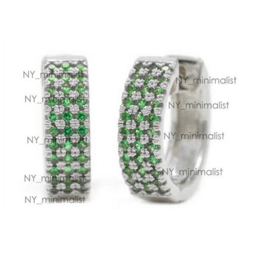 Pave Emerald Huggie Hoop Earrings Solid 14k Yellow Gold Real Gemstone Jewelry - Picture 10 of 13