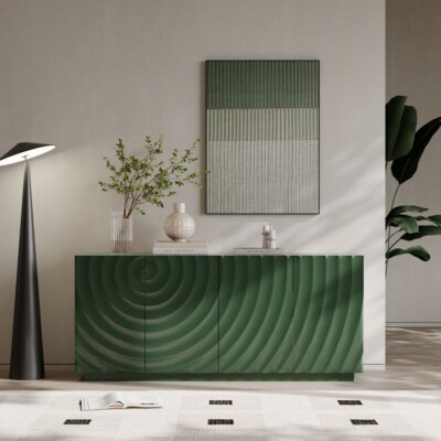 4-Door Storage Cabinet, Water Ripple Design Buffet Sideboard w Suspended Base