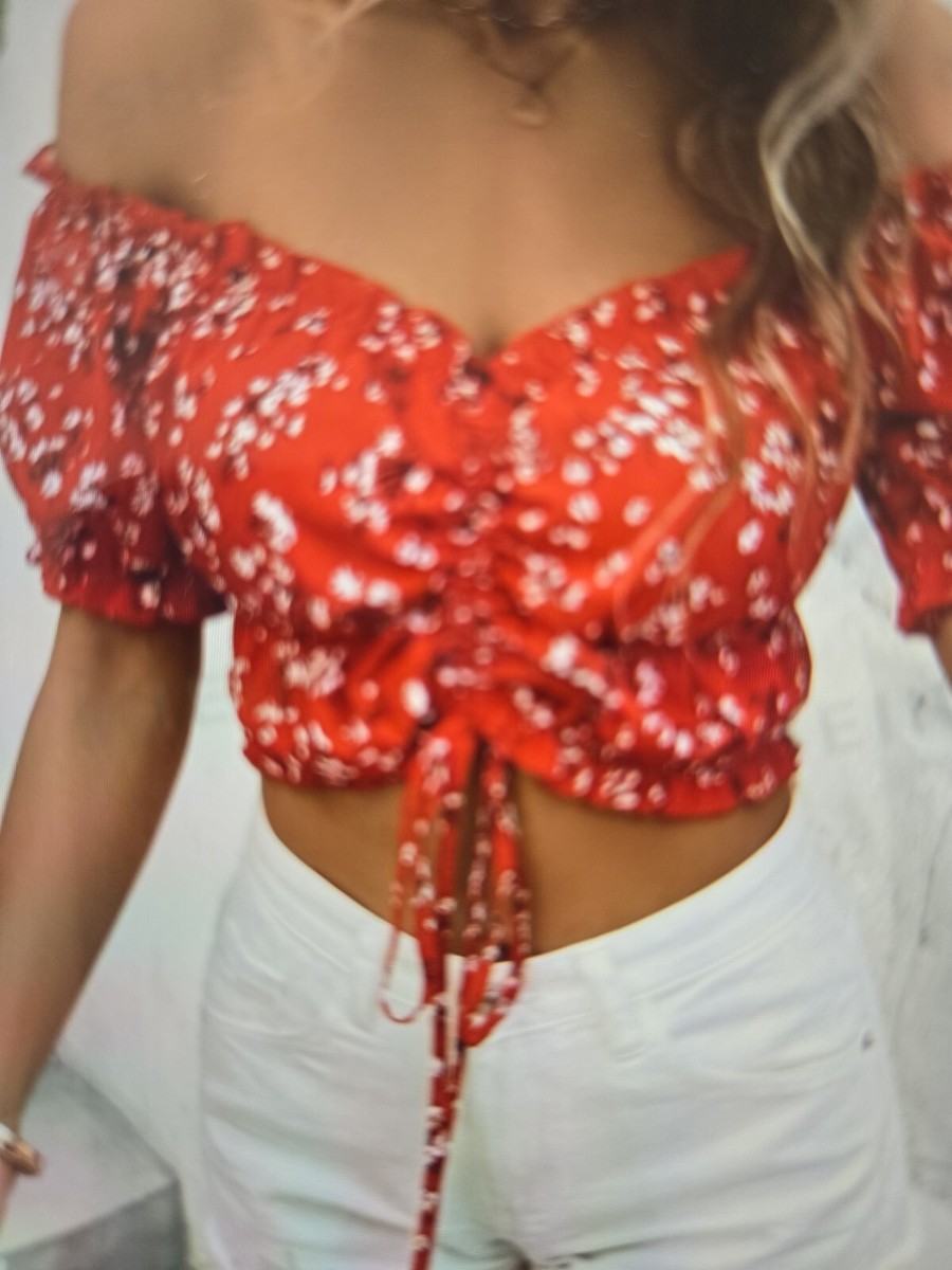 Floral Print Off Shoulder Drawstring Front Frill Top UK