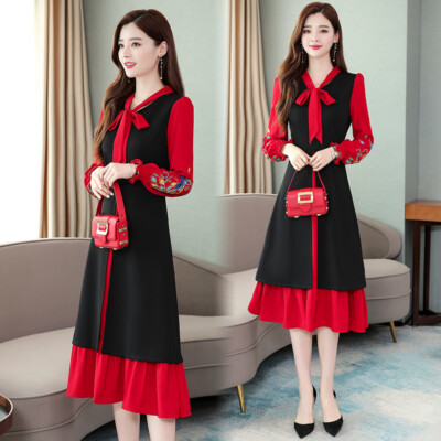 Women Autumn Fashion V-Neck Lace Embroidery Slim Fake 2Pc Elegant Dress