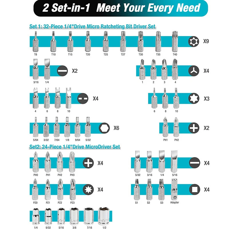 DURATECH 56PC 1/4" Ratchet Wrench Screwdriver Bit Set 60-72 Tooth Bit Socket Set - Image 2 of 4