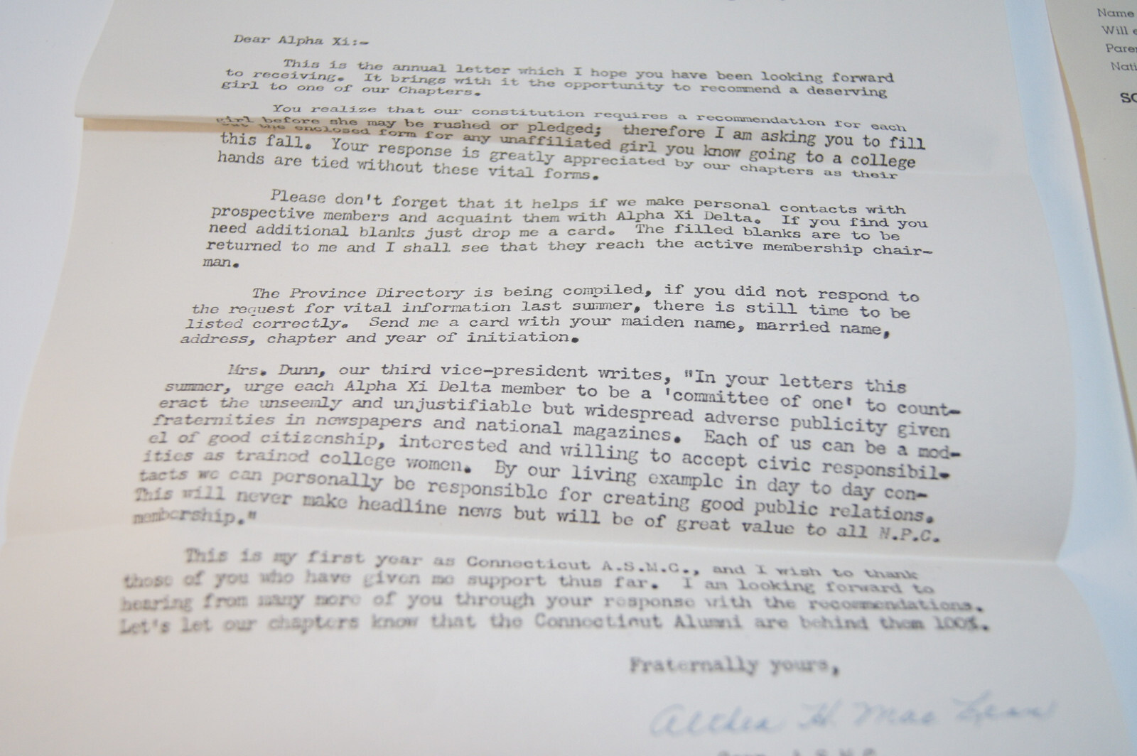 Alpha Xi Delta 1949 Vintage Annual Letter Recommendation Rush Form  Membership | eBay