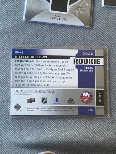 2020 Upper Deck SP Game Used Relics Blends /150 Kieffer Bellows #RB-KB Rookie RC - Picture 2 of 3