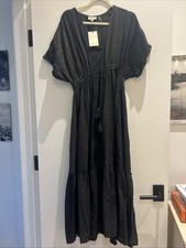 NWT Elan Black Gold Striped Caftan Maxi Dress V Neck Size Large