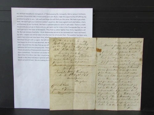 1861 1st Pennsylvania Reserve Regiment in Annapolis Maryland letter
