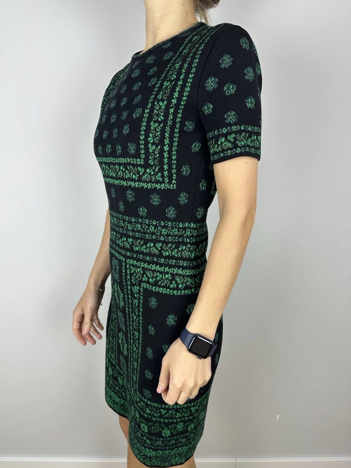 Abito maglione lana Alexander McQueen nero verde manica corta maglia trasparente XS S