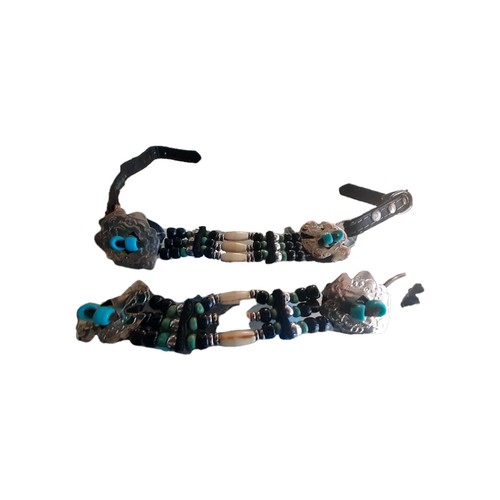 Boot Straps Leather Concho Biker Cowgirl Hand Beaded Turquois Black Vintage Rare