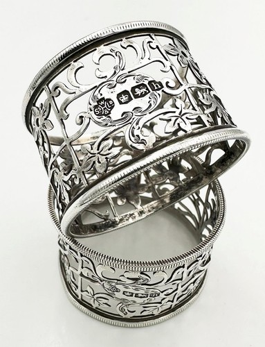 PAIR PIERCED NAPKIN RINGS STERLING SILVER GEORGE V Sheffield 1925 William Hutton - Picture 3 of 9
