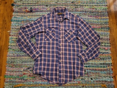 Vintage 70s Sears Thumbs Up Men's Shirt M Blue Plaid Western Pocket Button Down
