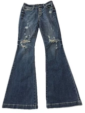 Judy Blue Jeans Womens 5/27 Blue Trouser Flare Distressed Button Fly JB82430