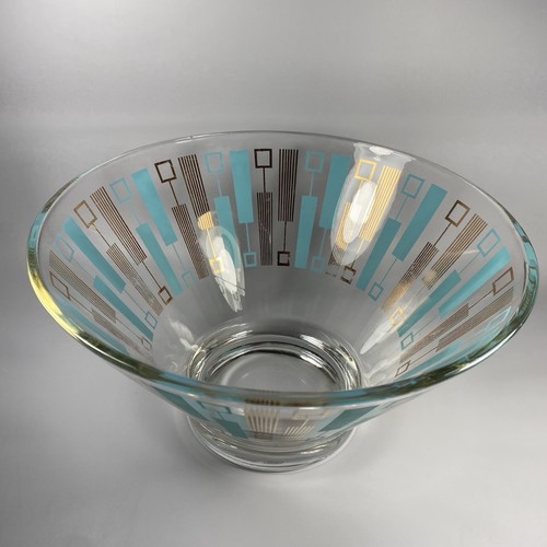 Vintage MCM Anchor Hocking Atomic Chip Bowl Gold & Aqua ~ No Dip Bowl - Picture 3 of 13