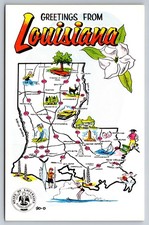 Postcard Illustrated Cartoon Map of Louisiana Greetings From Magnolia State
