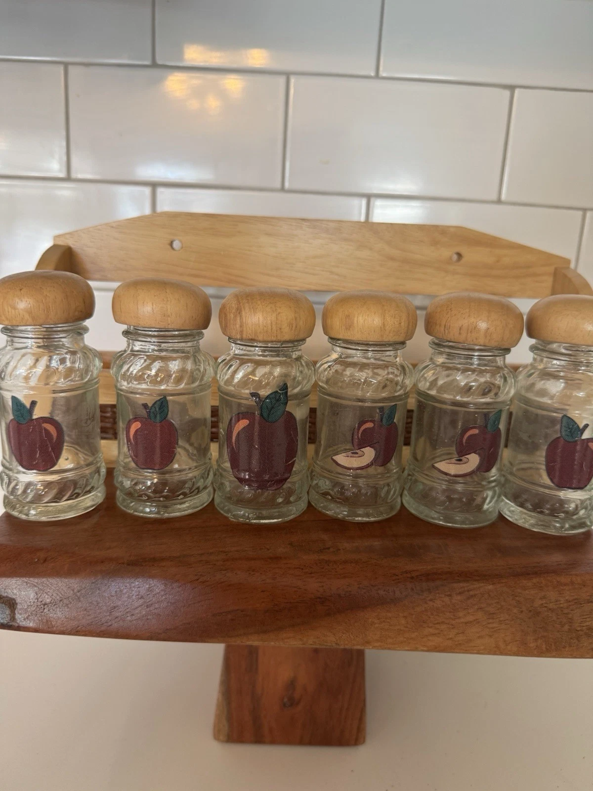 Vintage Wood Hanging Spice Rack 6 Glass Apple Theme Jars