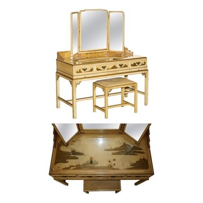 EXQUISITE CHINESISCHE CHINOISERIE NUSSBAUM SCHMINKTISCH & HOCKER TEIL EINER SUITE