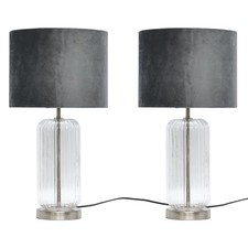 Image of Set of 2 Ribbed Glass 49cm Table Lamps Bedside Lights Brushed Chrome Grey Velvet