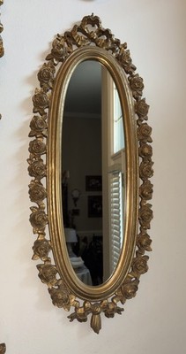 Vintage MCM Hollywood Regency Gold Oval Wall Mirror Dart~Syroco 25 x 10 